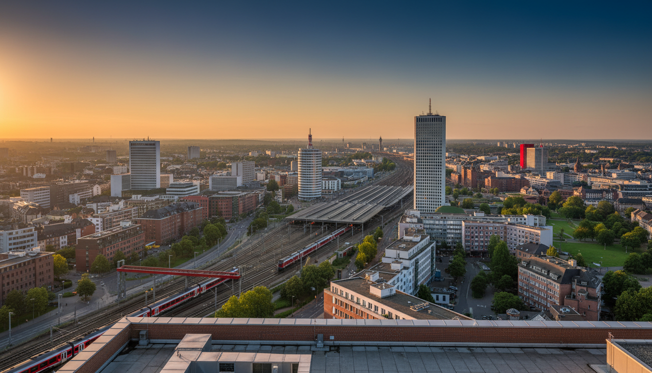 Skyline von Essen mit Hauptbahnhof und Hochhäusern